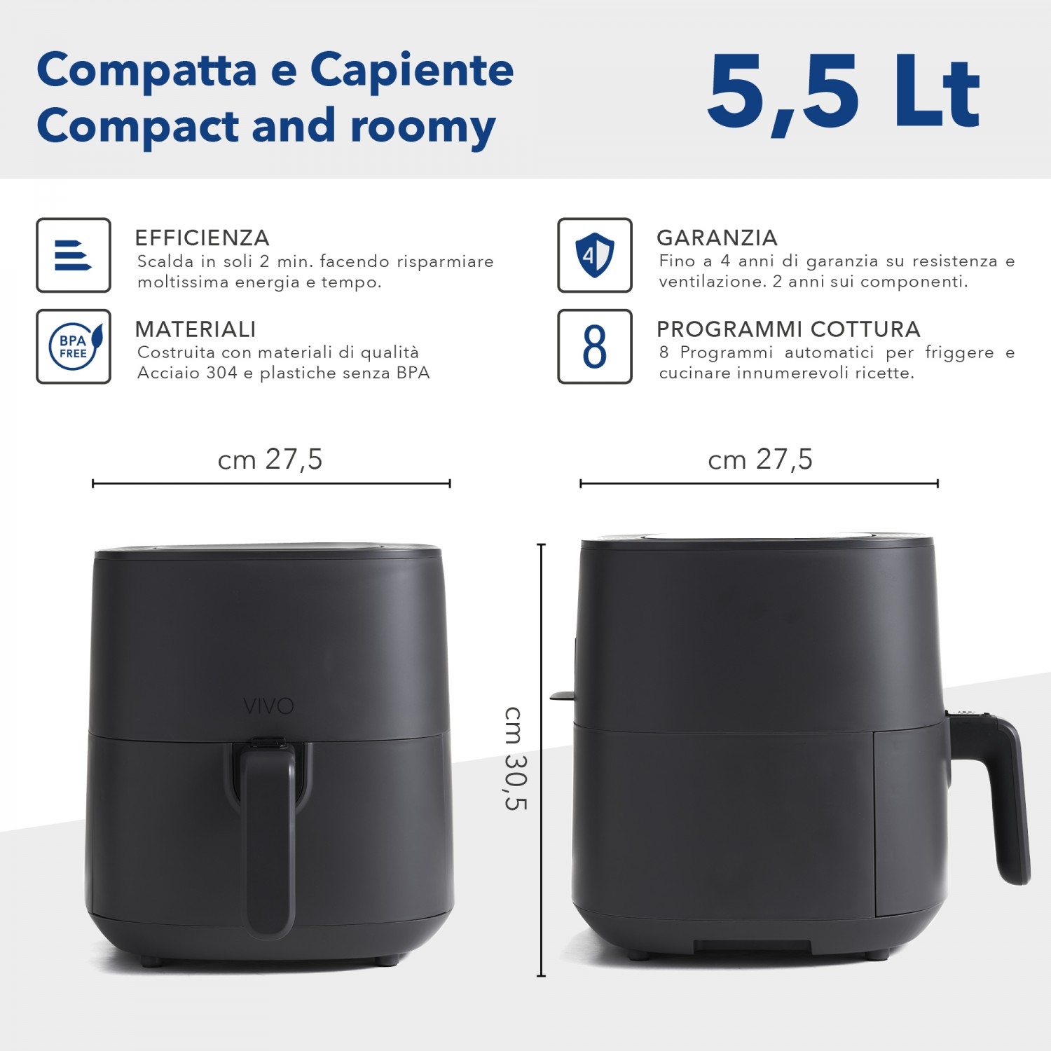 Vivo air fryer 5,5 Lt matt black Air fryer 8 programs CLASSE ITALY